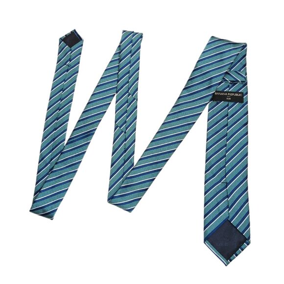 Banana Republic Slim Repp Tie Men’s 62” Green Blue Ribbon Stripe Preppy New - Picture 3 of 4